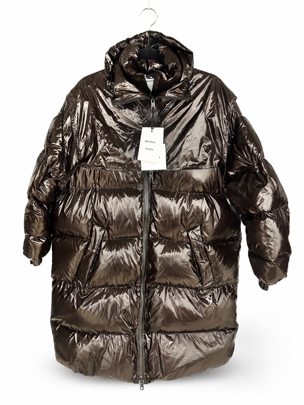 Bottega Veneta Glossy Brown Oversized Puffer Coat Jacket with Removable Hood XS